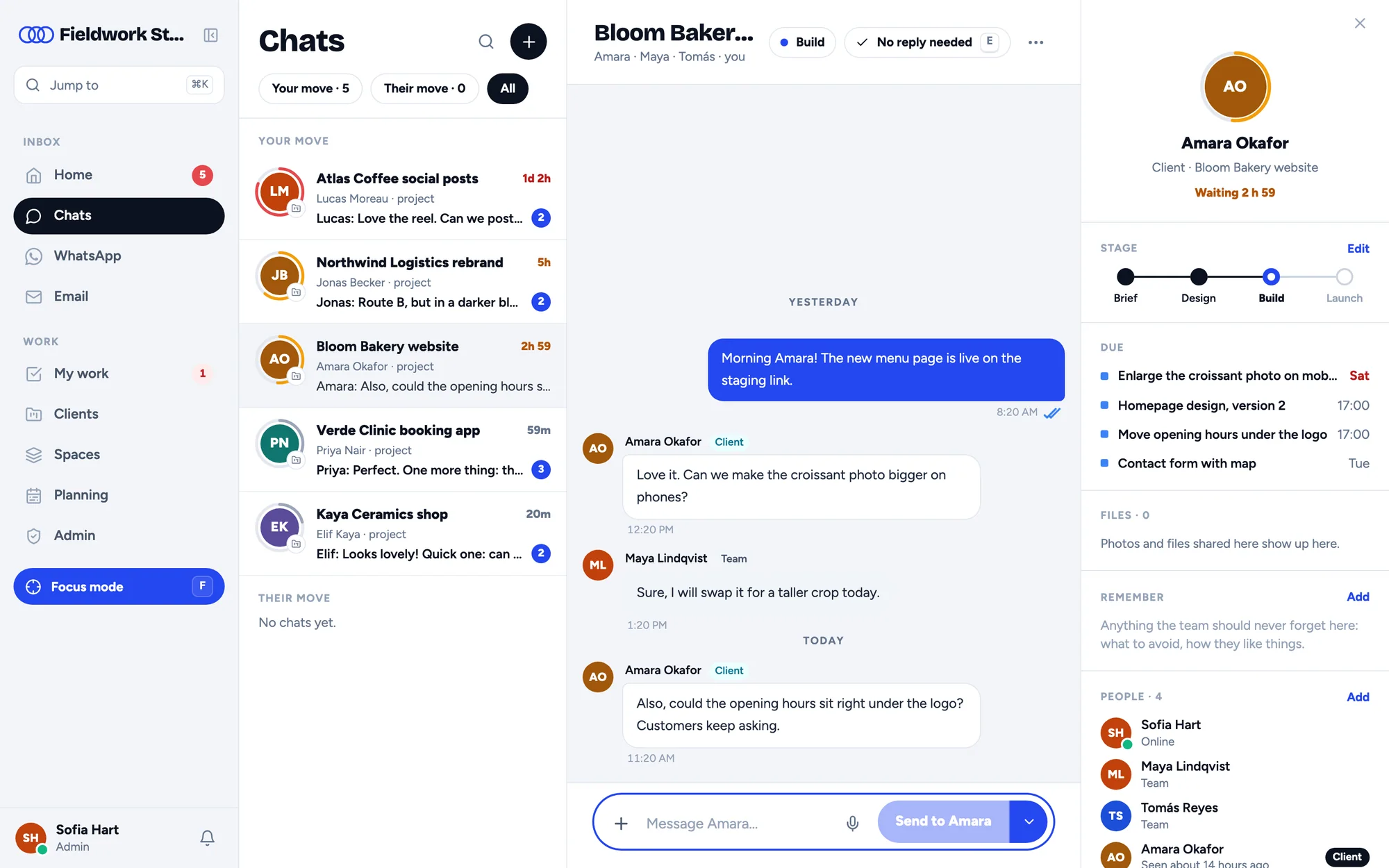 Chats: every client conversation with its waiting ring, and the Bloom Bakery website project chat open
