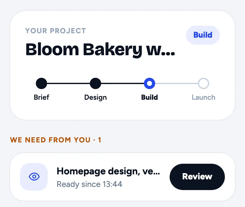 The client's home: Bloom Bakery website at the Build step, and Homepage design, version 2 waiting for review