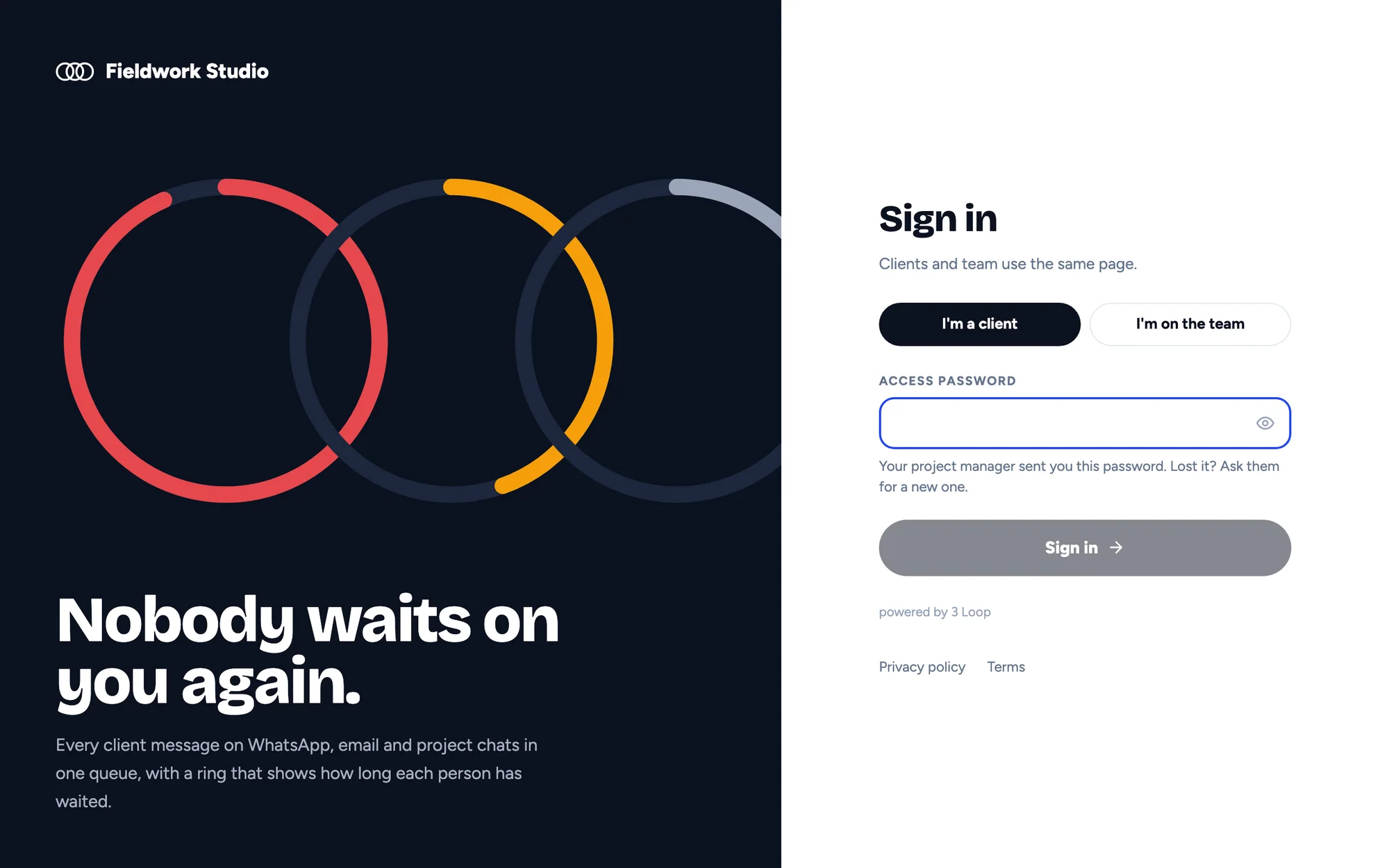 Fieldwork Studio's own sign-in page, with I'm a client and I'm on the team
