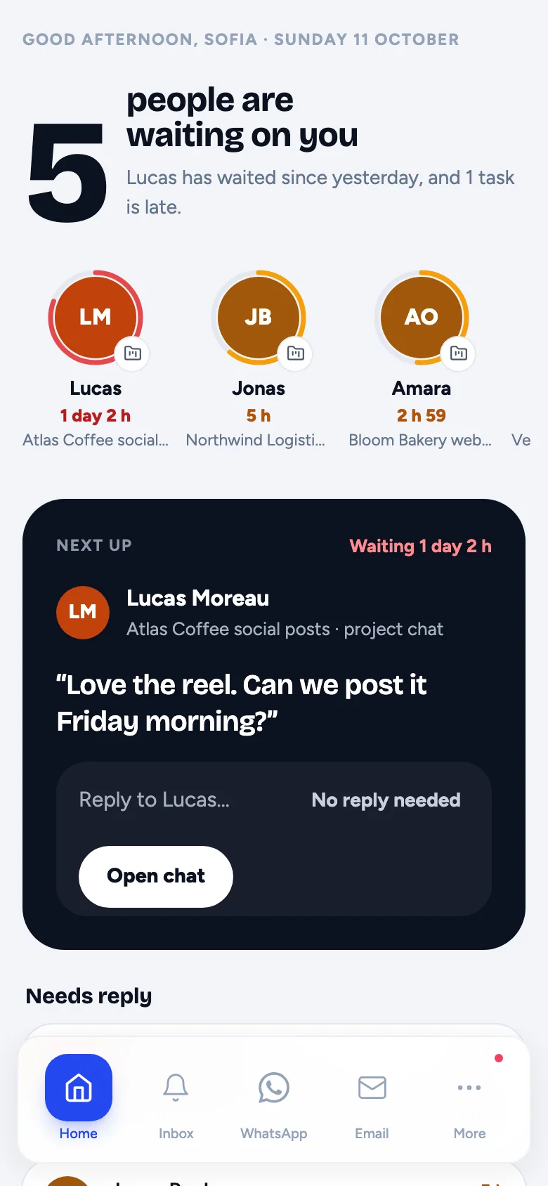Home on the team's phone app: five people waiting and Lucas next up