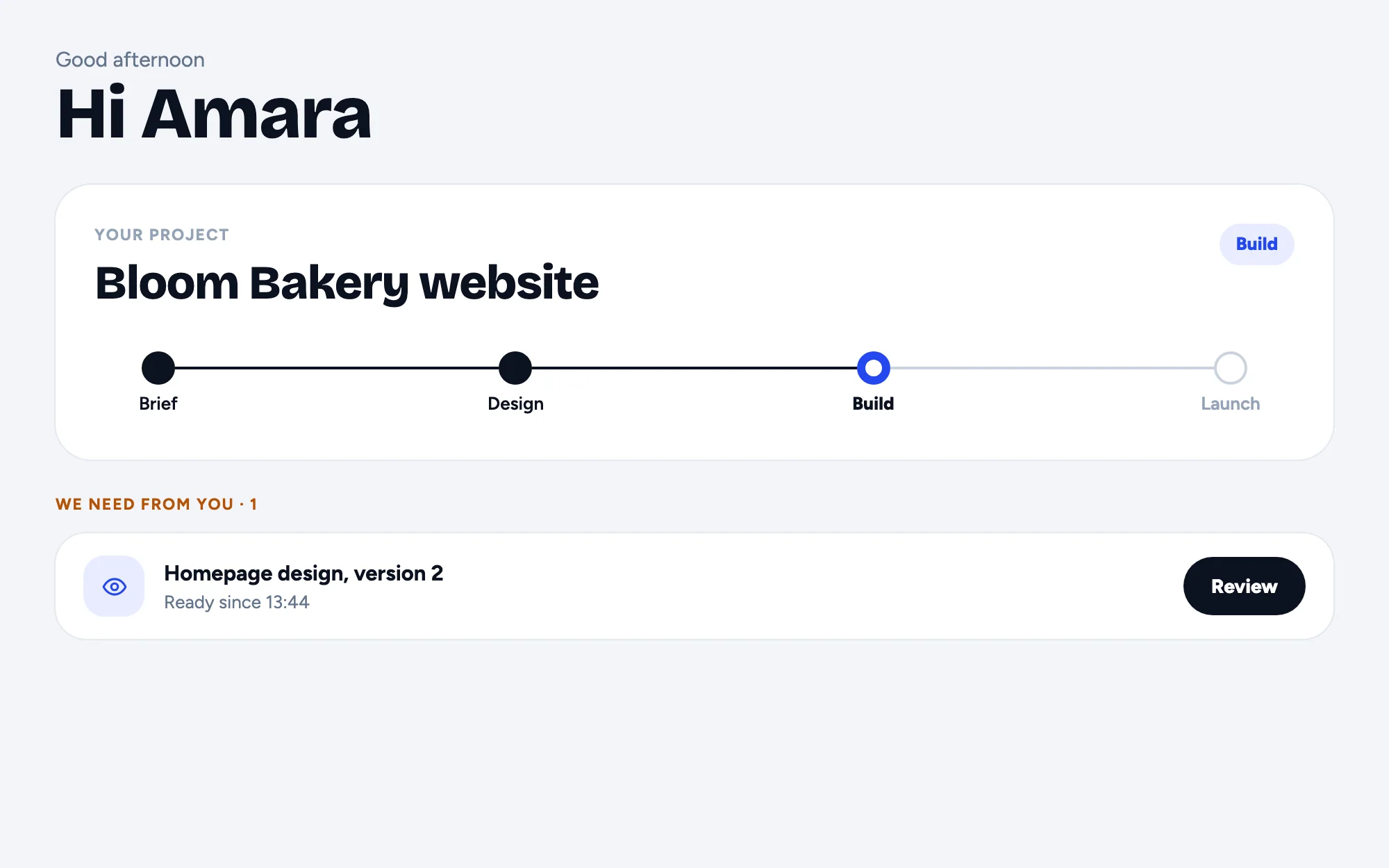 What the client sees: Bloom Bakery website at the Build step, and Homepage design, version 2 waiting for review